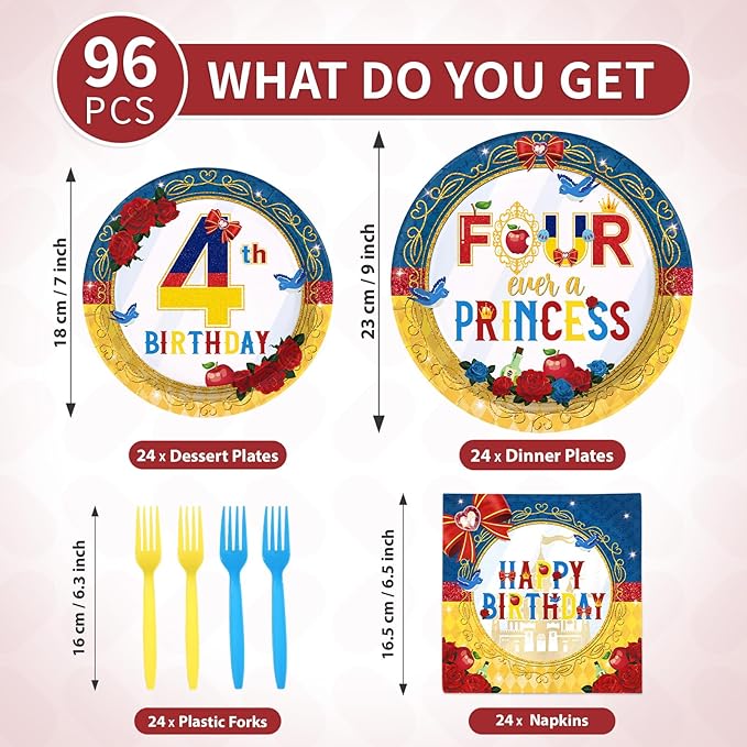 96 Pcs Snow Princess 4th Birthday Party Supplies Cartoon Snow Plates and Napkins Red Blue Yellow Tableware Set for Girls 4th Birthday Baby Shower Princess Theme Party Supplies, Serves 24
