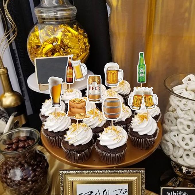 Ercadio 32 PCS Beer Party Cupcake Toppers Cheers and Beers Happy Birthday Decor for Beer Kegs Cake Topper Favor for Summer Family Party Decor Supplies