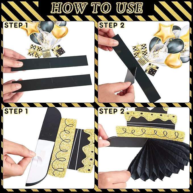 Clabby 12 Pcs Gold Black Birthday Decorations Gold Happy Birthday Table Centerpieces Honeycomb Cute Table Top for Women Men Best Wishes Anniversary Party Supplies 21st 30th 40th 50th 60th 70th