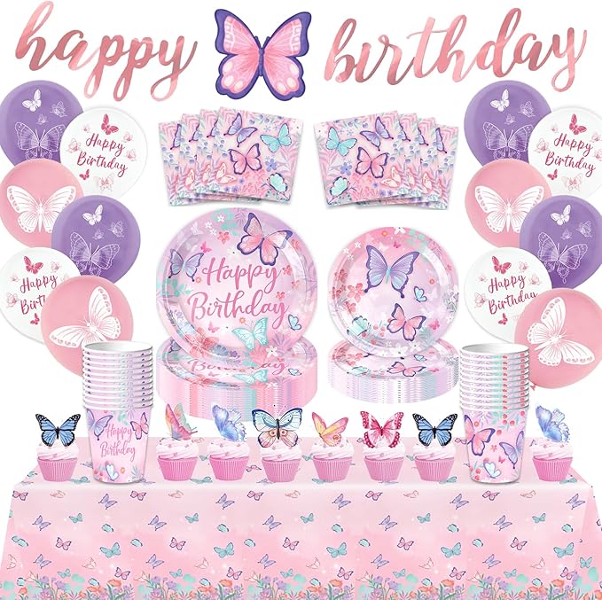 Butterfly Birthday Party Supplies Decorations Tableware Set Serves 25 Butterfly Disposable Paper Plates Napkins, Cups, Cake Toppers Tablecloth, Banner, and Balloons for Butterfly Decorations