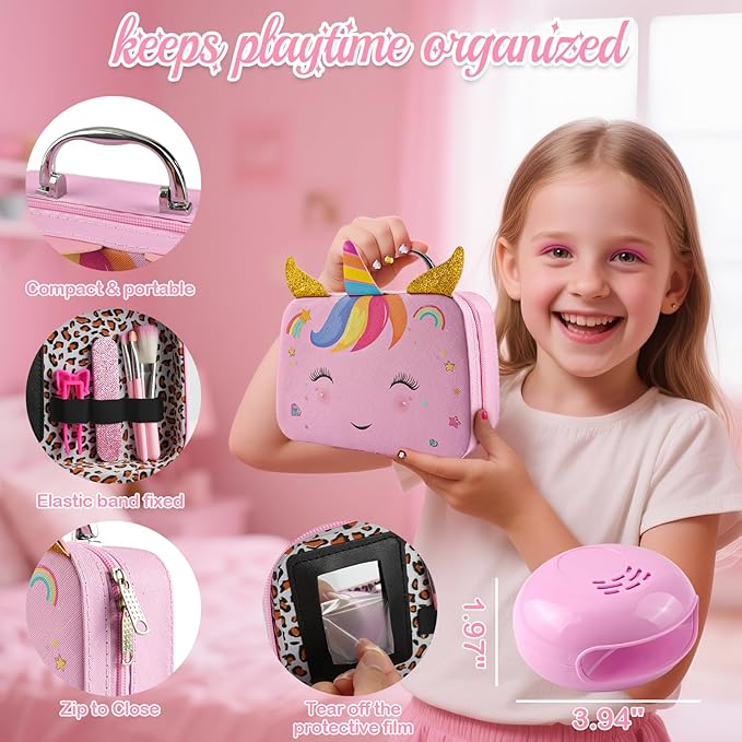 Kids Washable Makeup Kit& Nail Polish Kit for Girl, Kids Play Makeup Set Nail Art Princess Make Up Pretend Play Christmas Birthday Gift for Girls 3 4 5 6 7 8 9 10 11 12 Year Old