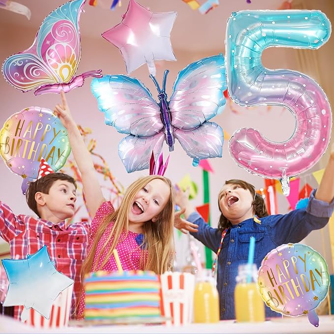 Butterfly Balloons - 5th Birthday Decorations for Girls, Gradient Pink Colorful Foil Balloons, Giant Number 5 Foil Mylar Balloon, 5 Years Old Butterfly Theme Party Supplies