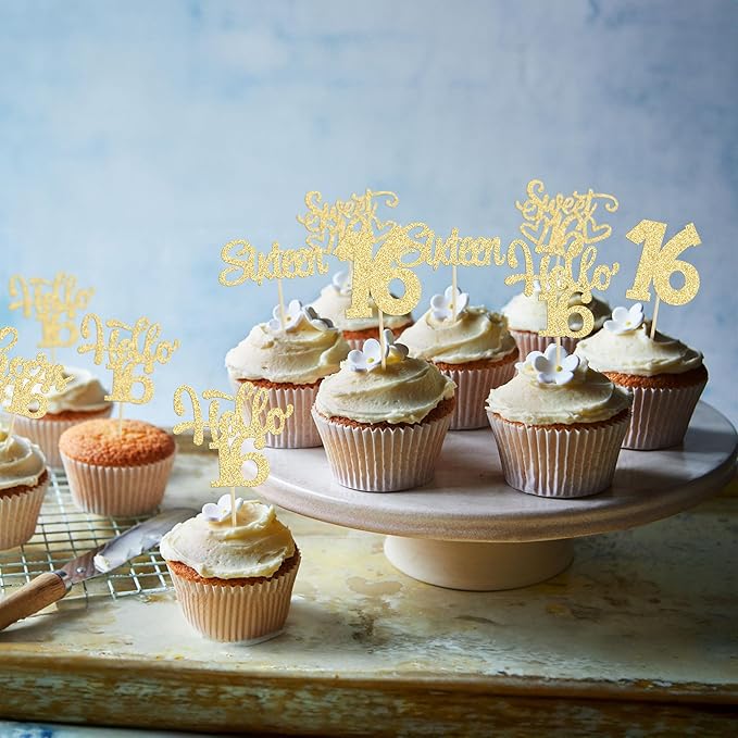 30pcs 16th Birthday Cupcake Toppers - Sixteen Happy 16th Cupcake Picks - Cheers to Sweet 16 Cake Decorations - Gold Glitter