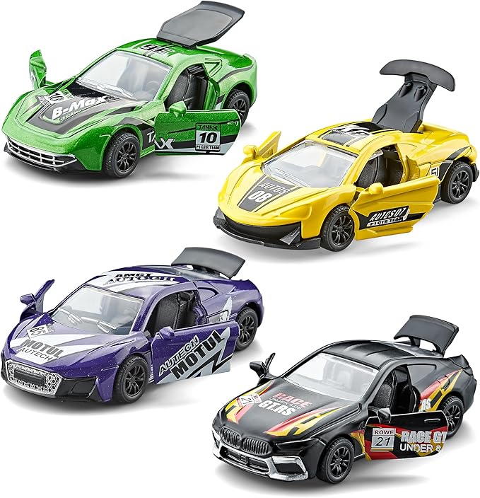 KIDAMI Racing Pull Back Cars for Kids, Die Cast Metal Toy Cars with Door Openable, Mini Sports Car Vehicles Pack Playset for Boys Girls Toddlers
