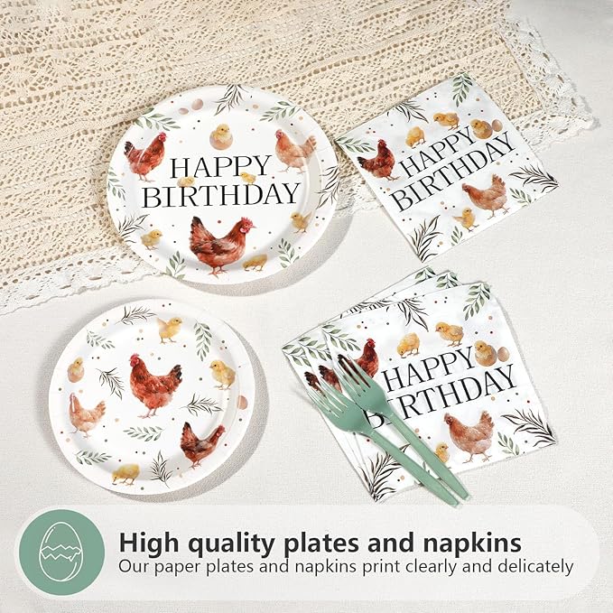 96Pcs Chicken Birthday Party Decorations Barnyard Farm Animal Paper Plates Disposable Watercolor Hen Chick Supplies Tableware for Birthday Baby Shower Chicken Themed Party Decorations Serves 24
