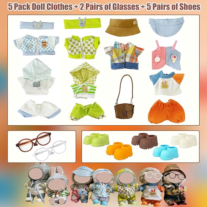 5 Casual Outfit Sets for 17cm Dolls – Colorful Clothes with Hats, Glasses, and Matching Shoes, Cool Dress Up Accessories for 17 cm Doll Play and Display, (No Dolls)