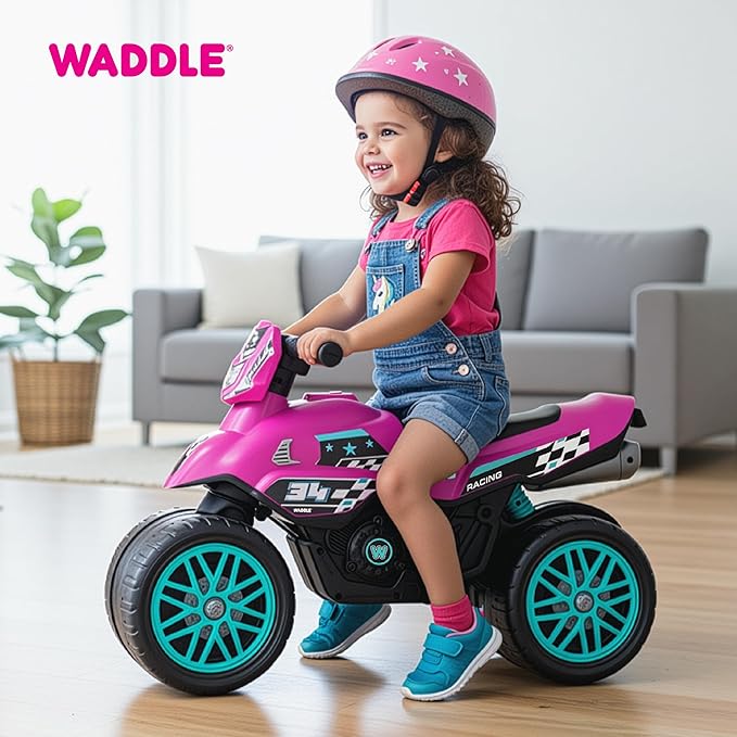Waddle Kids Motorcycle Balance Bike - Toddler Ride on Toys w/Sounds, Wide Wheel Base, Rubber Coated Wheels, Foot to Floor Toddler Car Up to 44 Lbs, Motorbike for Kids Ages 18 Months to 3 Yrs, Pink