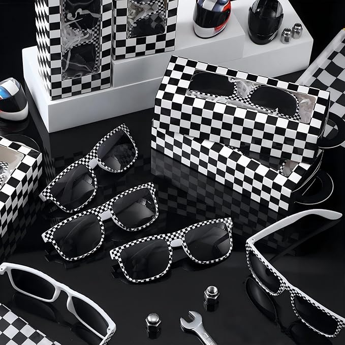32 Pcs Race Car Party Favors Set 16 Black and White Checkered Favor Boxes and 16 Checkered Sunglasses Gift Boxes for Race Car Party Birthday Decorations