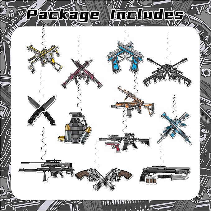 24 Pack Gun Hanging Swirls Gun Spirals Gun Hanging Decorations Ceiling Decor for Gun Pistol Birthday Party Decorations Gun Party Supplies