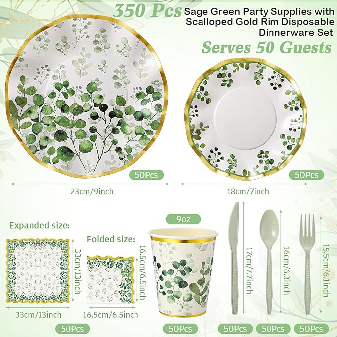 350 Pcs Sage Green Party Supplies Tableware Set Disposable 9'' 7'' Paper Plates 9 oz Cups Cutlery Napkins Dinnerware Set for Wedding, Bridal Birthday Serve 50 (Sage, Green, Gold)