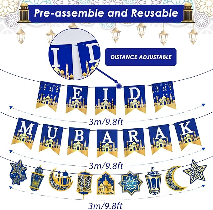 AhfuLife Eid Mubarak Banner Decorations, Pre-tied Eid Mubarak Bunting Banner Party Supplies for Home Outdoor Umrah Mubarak Party Decor Moon Star Garland