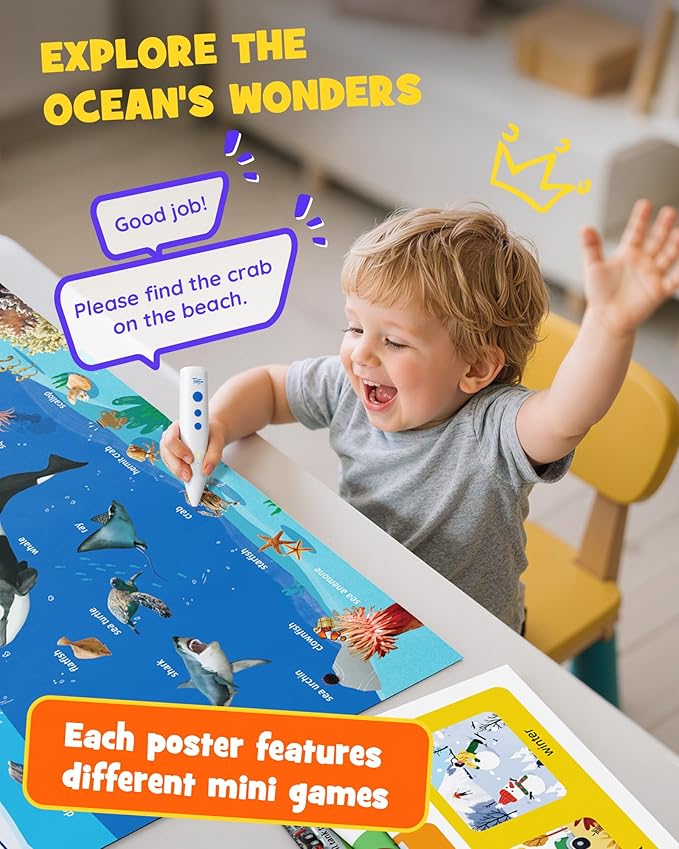 TEKFUN Interactive ABCs & 123s Learning Posters with Talking Pen, Autism Sensory Educational Toys, Toddler Birthday Gifts for Kids Ages 1 2 3 4 5 6