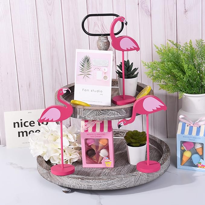 4Pcs Flamingo Wood Tall Standing Block Set Christmas Pink Flamingo Table Sign Tropical Bird Table Centerpieces Toppers for Home Office Desk Tier Tray Decor Party Supplies