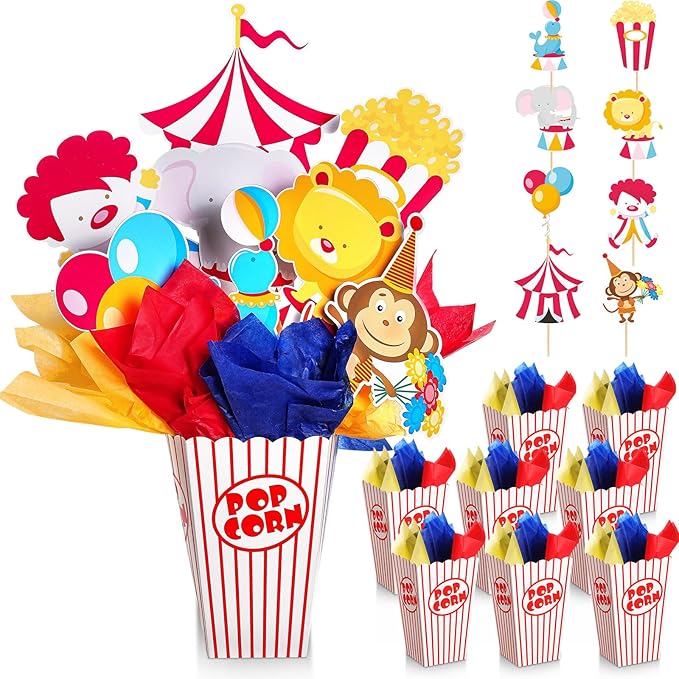 8 Sets Circus Carnival Party Centerpieces Decorations Circus Theme Table Toppers with Popcorn Box Cutouts and Sticks for Carnival Party Birthday Decor Supplies