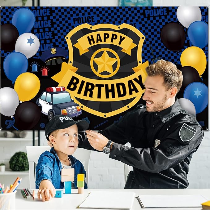 Irenare Police Happy Birthday Party Decorations Police Car Party Decor Supplies Large Badge Banner Backdrop Wall Birthday Party Wall Background Supplies Props 72. 8 x 43. 3 Inch