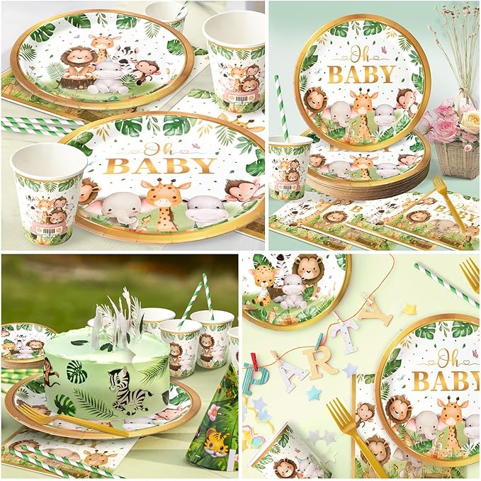 300 Pcs Safari Baby Shower Plates and Napkins (Serves 50 Guests), Plates Napkins Cups Straws and Forks Sets, Party Supplies, Jungle Safari Baby Shower Decorations