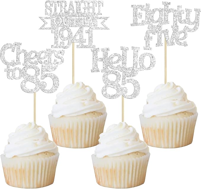 Ephlyn 24Pcs 85th Birthday Cupcake Toppers Glitter Straight Outta 1941 Cupcake Picks Hello 85 Cheers to 85 Years Cake Decorations for 85th Birthday Anniversary Party Decorations Supplies Silver