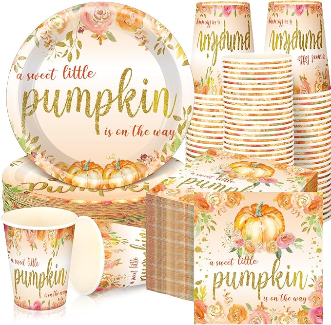 Hushee 200 Pcs Little Pumpkin Baby Shower Paper Plates Napkins Cups Baby Shower Party Supplies Tableware Set Yellow Disposable Cup Napkin for 50 Guest Autumn Thanksgiving Party Decoration
