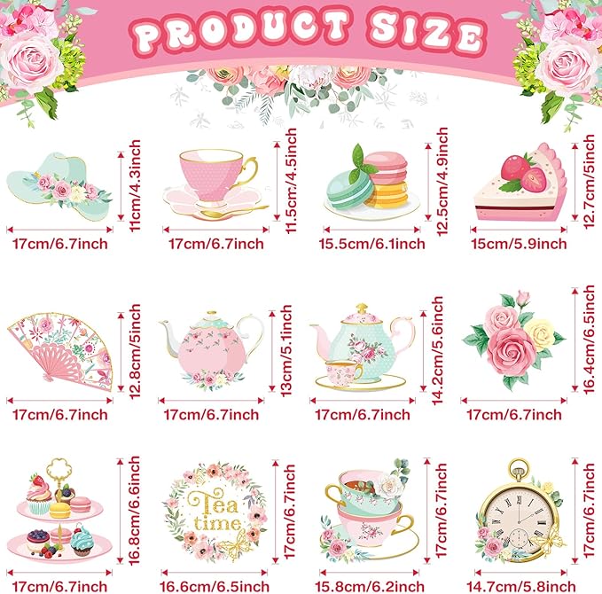 Faccito 53 Pcs Tea Party Decorations Birthday Supplies - Floral Tea Party Birthday Decor Hanging Paper Swirls with Teacup Partea Time Ceiling Decoration for Spring Women Adults Bridal Wedding Favors