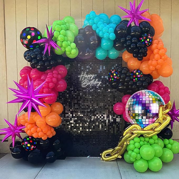 Neon Balloons, 80s 90s Disco Hot Pink Blue Green Orange Yellow Neon Dot Balloons with Star and Disco Ball Foil Balloons for 80s 90s Rock Theme Diso Party Decorations