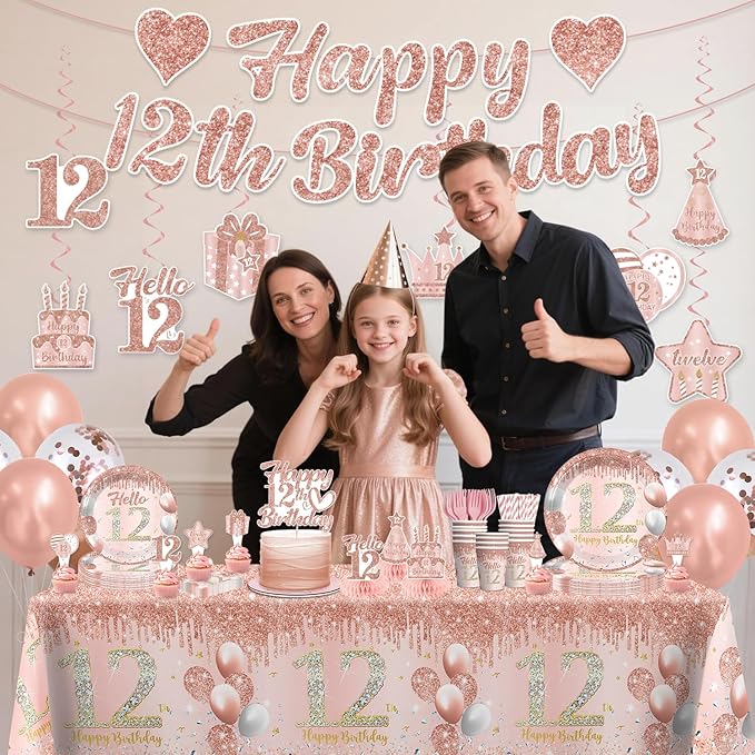 201 Pcs 12th Birthday Decorations for Girls, Pre-assembled Happy 12th Birthday Banner Cake Topper Rose Gold Plates and Napkins Party Supplies with 2 Pcs 12 Birthday Tablecloth for 12 Year Old Girl