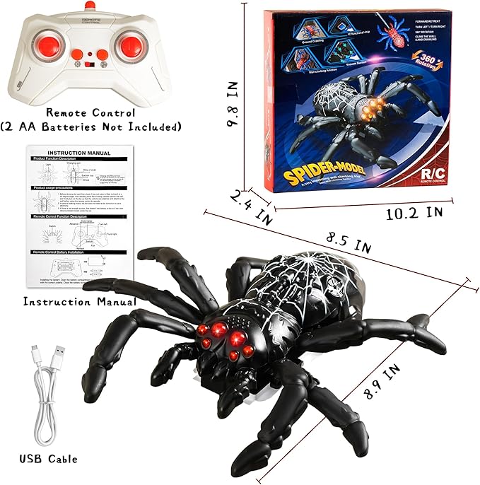 Wall Climbing Remote Control Spider, Rechargeable RC Wall Crawler Spider Robot with High Speed & 360° Rotation, Funny Prank Toys Gifts for Boys & Girls Age 3+ (Black)