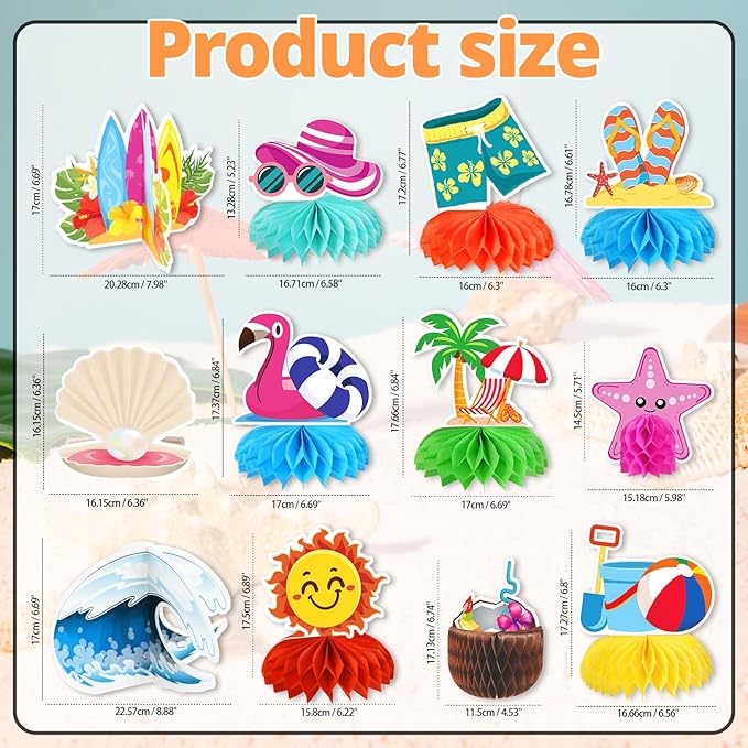 kockuu Beach Party Decorations, 12 Pcs Pool Beach Honeycomb Centerpieces Table Decor Cake Balls Toppers for Summer Hawaiian Aloha Luau Theme Birthday Pool Club Anniversary Party Supplies