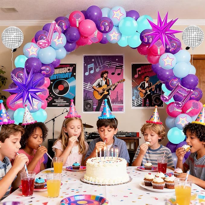 126 Piece Purple Blue And Pink Balloon Arch Kit, With Musical Symbols Print Balloons For Cartoon Magical Music Themed Birthday Party Decorations, Boys And Girls Gatherings Party Supplies