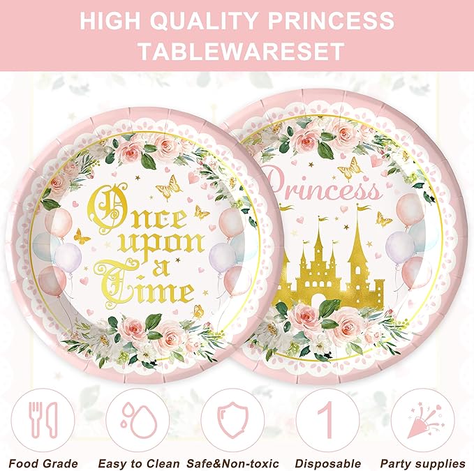 120PCS Princess Party Supplies for Girls Kids Baby Shower 1st Birthday Fairytale Castle Themed Party Decorations Once Upon A Time Tableware Set Plates Napkins Cups Set for 20 Guests