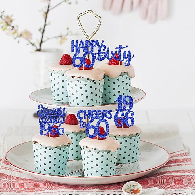 30 PCS 60th Birthday Cupcake Toppers Glitter Sixty Happy 60 Straight Outta 1966 Cupcake Picks for Cheers to 60 Fabulous 60th Birthday Anniversary Party Cake Decorations Supplier Blue