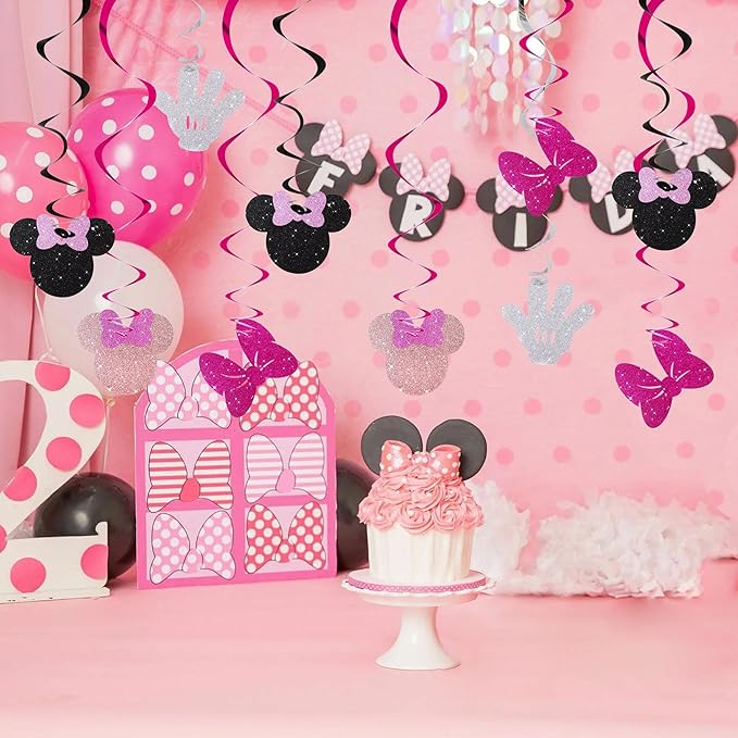 BEISHIDA 16 Pcs Mouse Hanging Swirl Decorations, Pre-Strung Mouse Birthday Party Decorations Pink and Black Mouse Theme Party Supplies for Kids