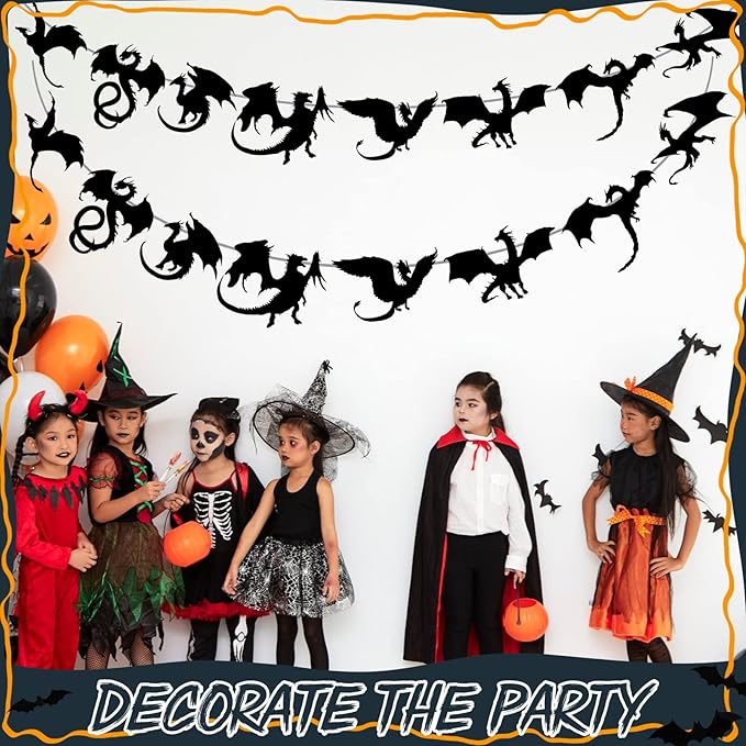 Henoyso 4 Pcs Black Dragon Party Banner Hanging Dragon Decor Birthday Supplies 32 Black Decorations for Birthday Theme Fantasy Party Supplies, 8 Designs