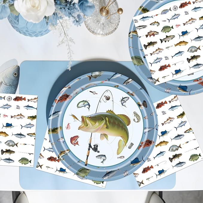 Rakuto Fishing Birthday Party Decorations - 50 Pcs Gone Fishing Plates Napkins Party Decorations, Disposable Fish Themed Tableware Supplies Set for Fish Tournament Birthday Serves 25