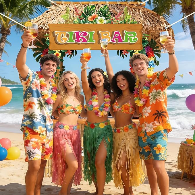 Tiki Bar Hut Banner Hawaiian Aloha Banner Tiki Bar Photo Booth Props Luau Party Backdrop Tropical Beach Hut Design Photo Background for Summer Hawaiian Pool Beach Luau Party Decor Supplies