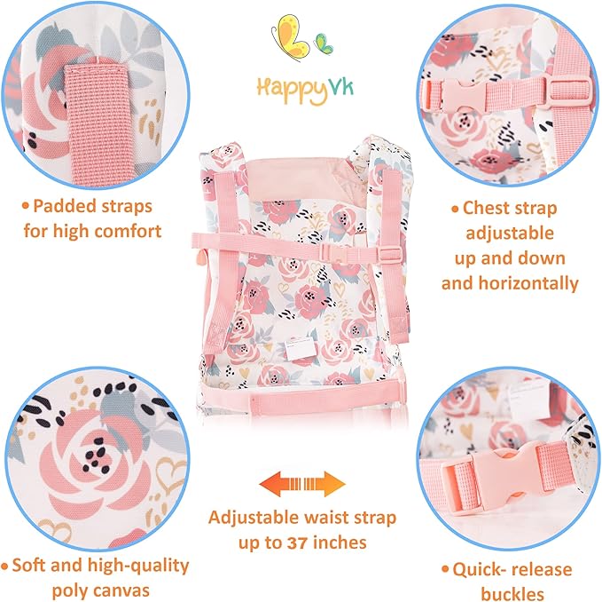 HappyVk Baby Doll Carrier for Little Girls Kids Toy Baby Carrier for Reborn Baby Doll Accessories Pink Roses