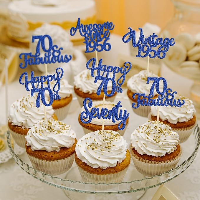 Ephlyn 30Pcs Happy 70th Birthday Cupcake Toppers Glitter Seventy Vintage 1956 Cupcake Picks Cheers to 70 Fabulous Cake Decorations for 70th Birthday Wedding Anniversary Party Supplies Dark Blue