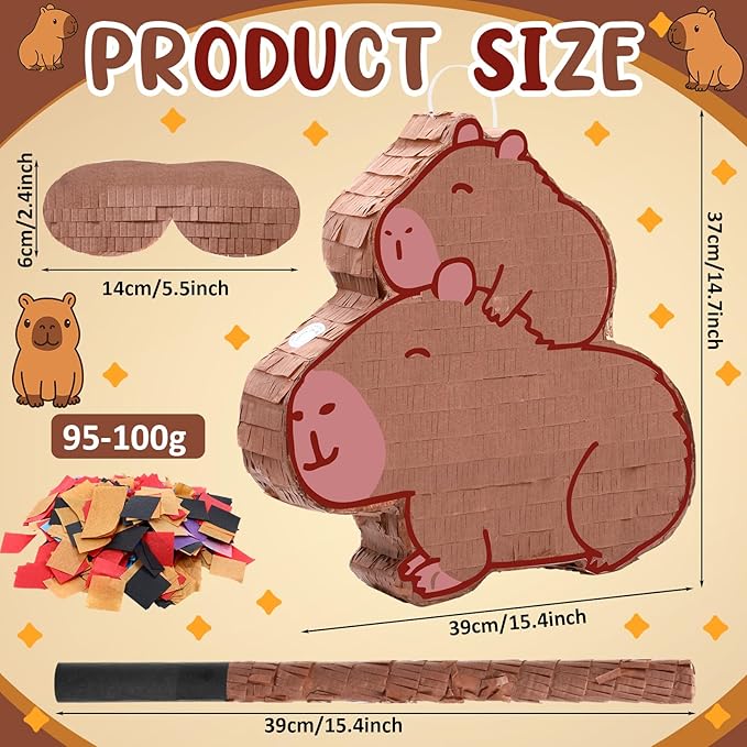 Capybara Piñata for Kids Birthday Party 15.4 x 14.7 Inches Mommy with Baby Animal Family Piñata with Bat Blindfold and Confetti for Baby Shower Photo Props Holiday Decoration