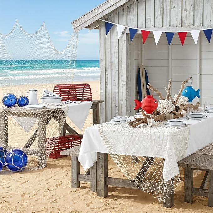 Unittype 8 Pcs Fish Net Decorative and Tablecloth Set, Cotton Fishnet and Plastic Table Cover Decorations Set for Nautical Themed Party Baby Shower Pirate Decorations Mermaid Party (Red and White)