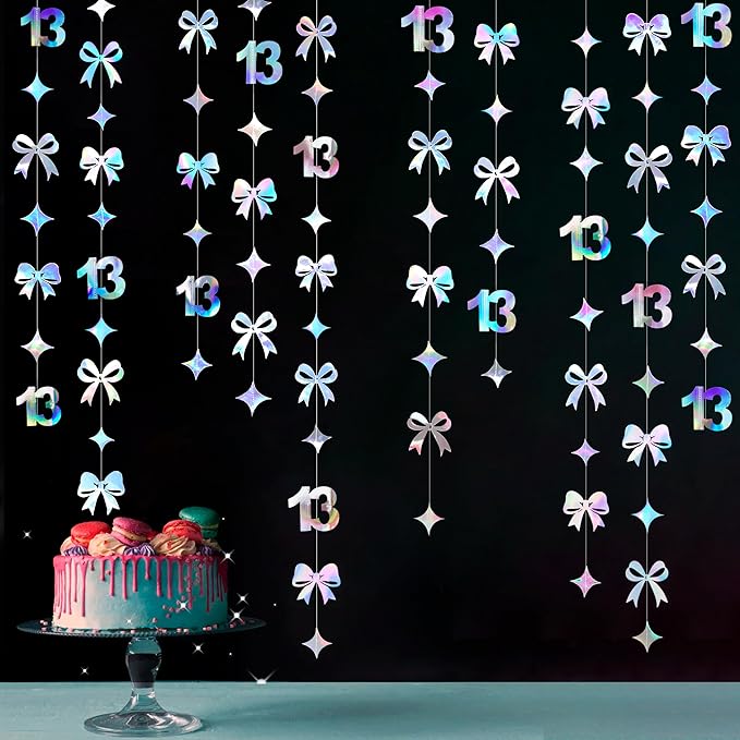 Iridescent 13th Bow Birthday Decorations Glitter Conquette Bow Garland Streamer Banner Backdrop for Girls Boys Happy 13th Birthday Official Teenager Cheers to 13 Years Old Anniversary Party Supplies