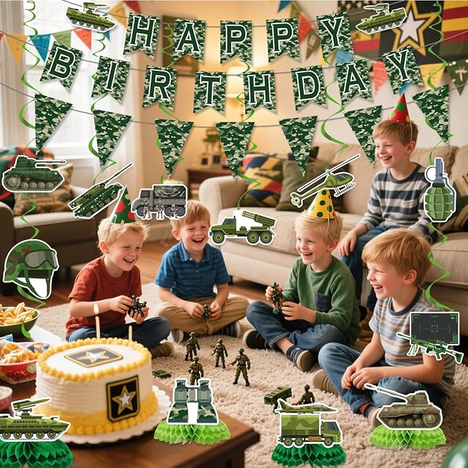 Army Birthday Party Decorations Include Happy Birthday Banners Camo Bunting Banners Hanging Swirls Honeycomb Centerpieces Military Birthday Theme Party Supplies