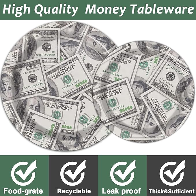 96 Pieces Money Hundred Dollar Bills Supplies One Hundred Dollar Birthday Party Tableware Set Bill Dinnerware Decorations for Adult Teens Kids Dollars Bill Disposable Paper Goods 24 Guests