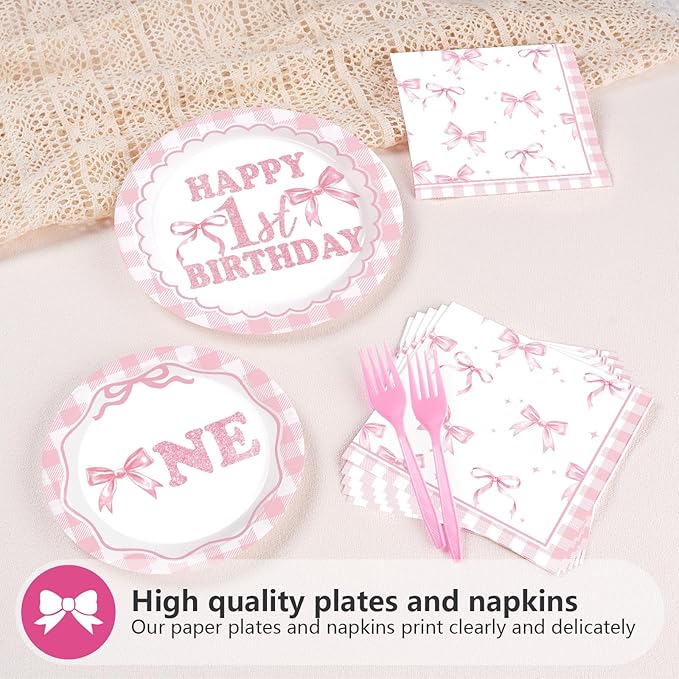 96Pcs Pink Bow 1st Birthday Party Decorations Cute Coquette Birthday Plates and Napkins Pink and White Gingham Plaid Tableware Sets for Girls Baby Shower Picnic BBQ 1st Birthday Party Supplies Serve24