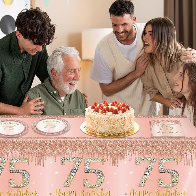 41pcs 75th Birthday Decorations for Women Rose Gold 75th Birthday Party Plates Napkins and Tablecloth Happy 75 Year Old Disposable Party Tableware Kit for 75th Birthday Anniversary Party Supplies