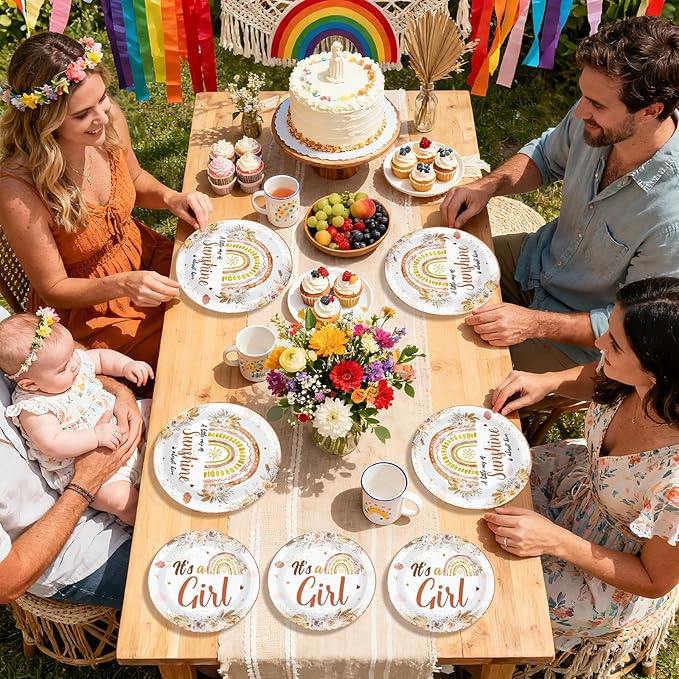 96 Pcs Boho Baby Shower Decorations for Girl Disposable A Little Ray of Sunshine Paper Plates and Napkins Boho Rainbow Baby Shower Tableware Set for Girl Birthday Party Supplies