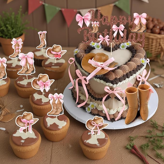 26 PCS Cowgirl Bows Cake Decorations Hat and Boot Cake Toppers for Western Theme Birthday Baby Shower Cowgirl Party Supplies