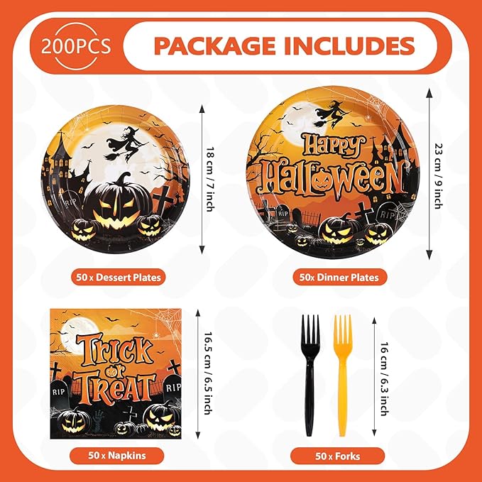 200PCS Halloween Party Supplies Set with Trick Treat Witch and Pumpkin Design Includes Disposable Halloween Plates Napkins and Forks for Spooky Party Decorations