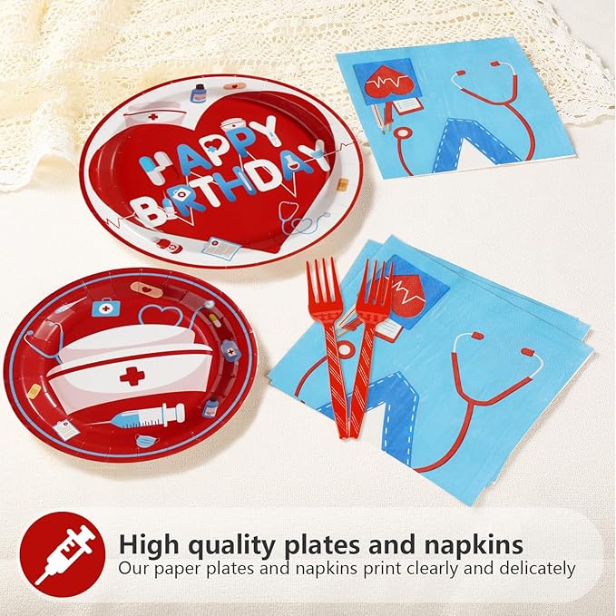 96Pcs Nurse Happy Birthday Party Decoration Red and Blue Plates and Napkins Medical RN Themed Tableware Set for Medical RN Nurse Birthday Graduation Baby Shower Party Supplies, Serves 24