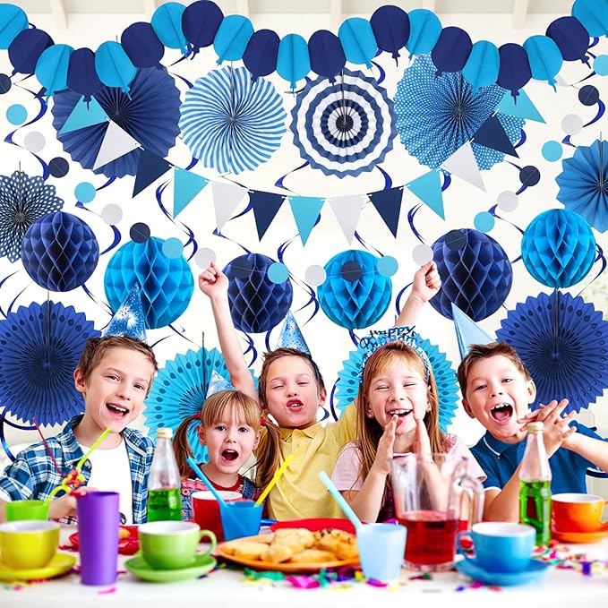Blue Party Decorations, Easy Assembly Paper Fan Honeycomb Ball Garland Hanging Swirl Navy Blue Party Supplies for Boy Men Graduation Birthday Bridal Shower Baby Shower Party Decorations