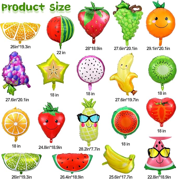 28 Pcs Summer Fruit Foil Aluminum Helium Balloons for Tutti Fruit Party Decorations Tropical Strawberry Watermelon Jumbo Balloons for Wedding Birthday Shower Party Supplies 18 Inch
