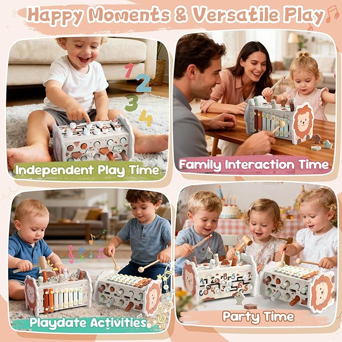 Fajiabao Wooden Montessori Toys for 1 Year Old Boy 4 in 1 Toddler Learning Toys with Number Maze, Pounding Bench, Xylophone, Fishing Game Baby Sensory Toys Birthday Gifts for 1+ Year Old Boys & Girls